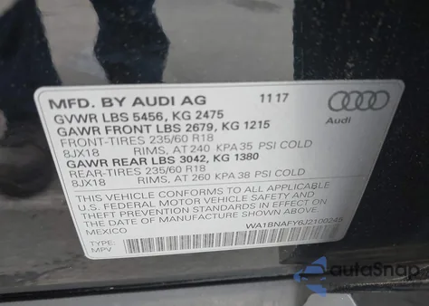 2018 Audi Q5 2.0T Premium/2.0T Tech Premium z USA, uszkodzony, nr VIN WA1BNAFY6J2100245